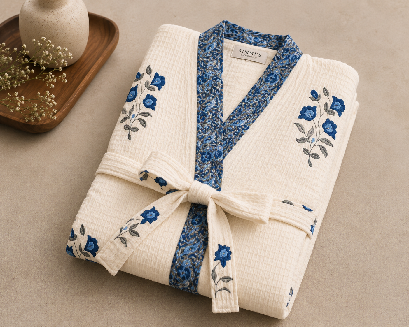 Folded white kimono with blue floral patterns on a beige surface