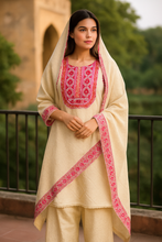 Load image into Gallery viewer, Sale now LIVE! Simmi’s Emporium Noor-e-Kashida Embroidered Sharara Set – Off-White Cotton Blend with Pink Kashida Work