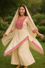 Load image into Gallery viewer, Sale now LIVE! Simmi’s Emporium Noor-e-Kashida Embroidered Sharara Set – Off-White Cotton Blend with Pink Kashida Work