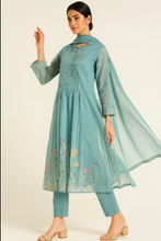 Load image into Gallery viewer, Sale now LIVE! Simmi’s Emporium Neel Pushpa Suit Set – Teal Organza Kurta with Floral Embroidery & Matching Dupatta