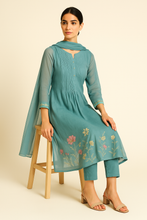 Load image into Gallery viewer, Sale now LIVE! Simmi’s Emporium Neel Pushpa Suit Set – Teal Organza Kurta with Floral Embroidery & Matching Dupatta