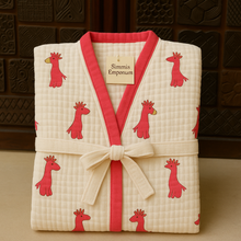 Load image into Gallery viewer, Simmi’s Emporium Giggly Giraffe Kids Bathrobe – Hand Block Printed Cotton Muslin with Giraffe Motifs