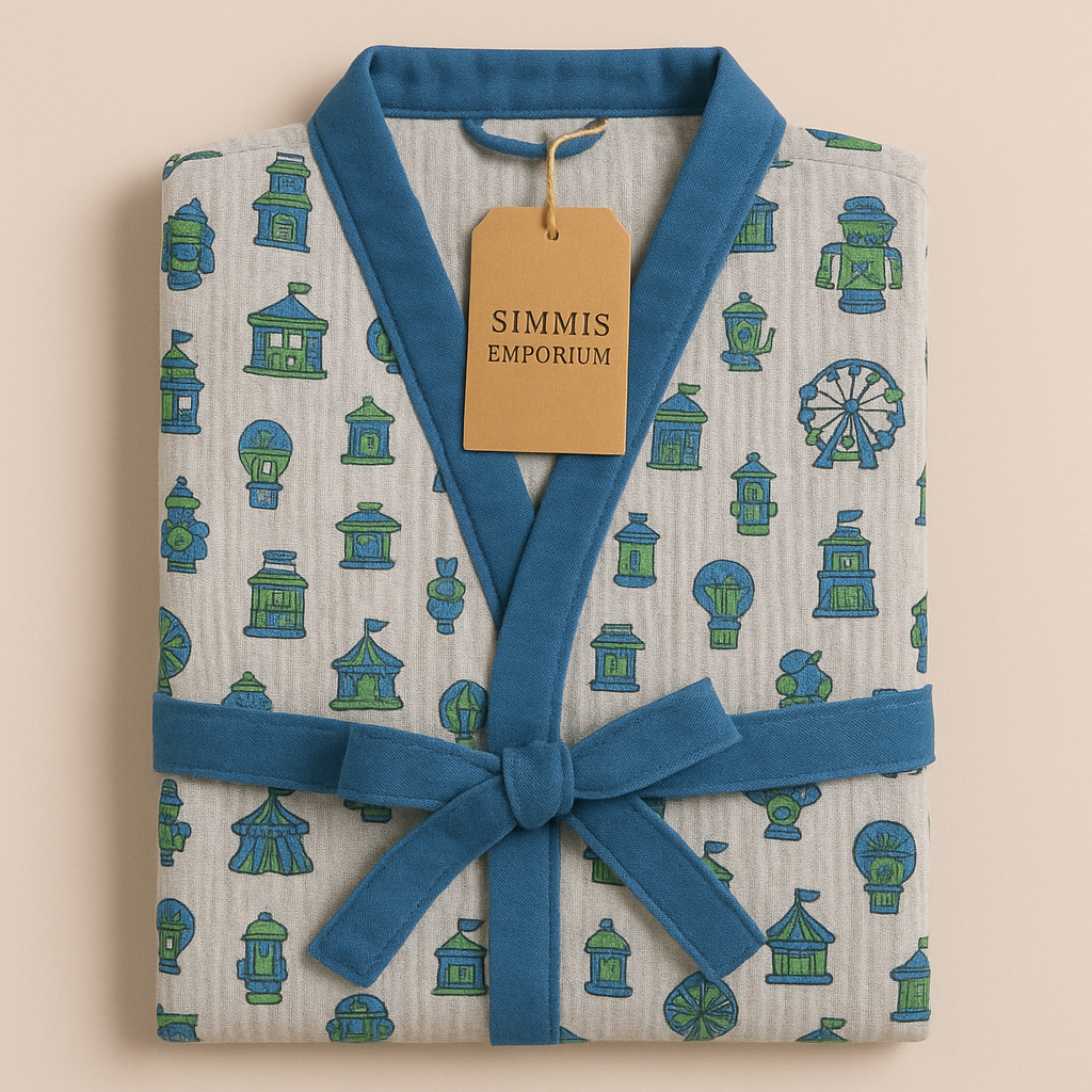 Simmi’s Emporium Carnival Charm Kids Bathrobe – Hand Block Printed Cotton Waffle Weave with Fairground Motifs