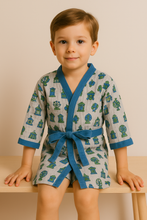 Load image into Gallery viewer, Simmiโs Emporium Carnival Charm Kids Bathrobe โ Hand Block Printed Cotton Waffle Weave with Fairground Motifs