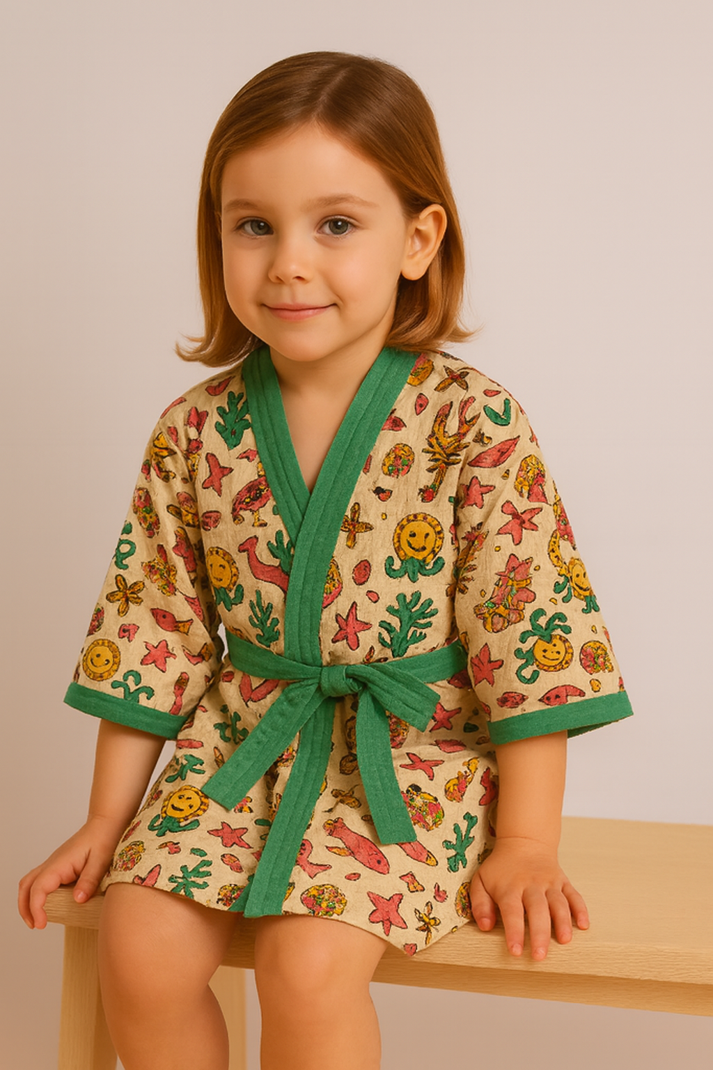Simmi’s Emporium Marine Kingdom Kids Bathrobe – Hand Block Printed Cotton Waffle Weave with Sea Life Motifs
