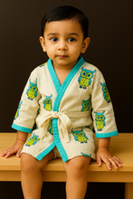 Load image into Gallery viewer, Simmi’s Emporium Hoot & Hug Kids Cotton Bathrobe – Hand Block Print Waffle Weave