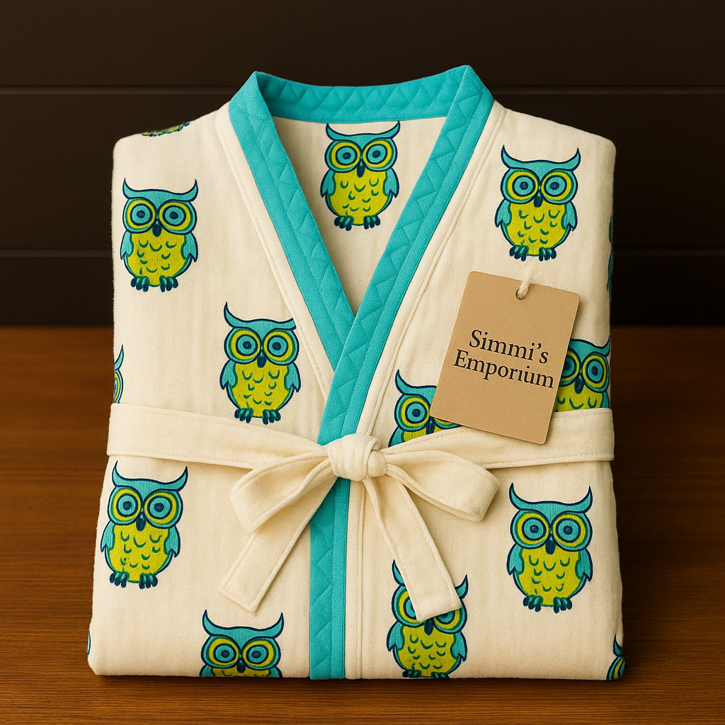 Simmi’s Emporium Hoot & Hug Kids Cotton Bathrobe – Hand Block Print Waffle Weave