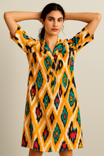Load image into Gallery viewer, Sunset Ikkat Tropical Pure Cotton Dress β Handcrafted Breezy Summer Dress with Traditional Ikkat Print