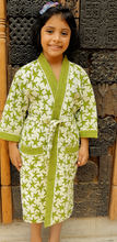 Load image into Gallery viewer, Simmi’s Emporium Star Bloom Kids Bathrobe – Hand Block Printed Cotton Waffle Weave with Giraffe Motifs