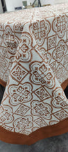 Load image into Gallery viewer, Hand Block print Pure Cotton Rustic Floral Tile Print Tablecloth with Rich Brown Border - 6 Seater