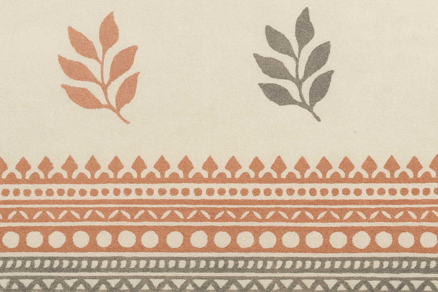 Textile pattern with leaf designs and geometric shapes on a beige background