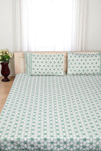 Load image into Gallery viewer, White & Green Star Pure Cotton Hand Block Print Bedsheet