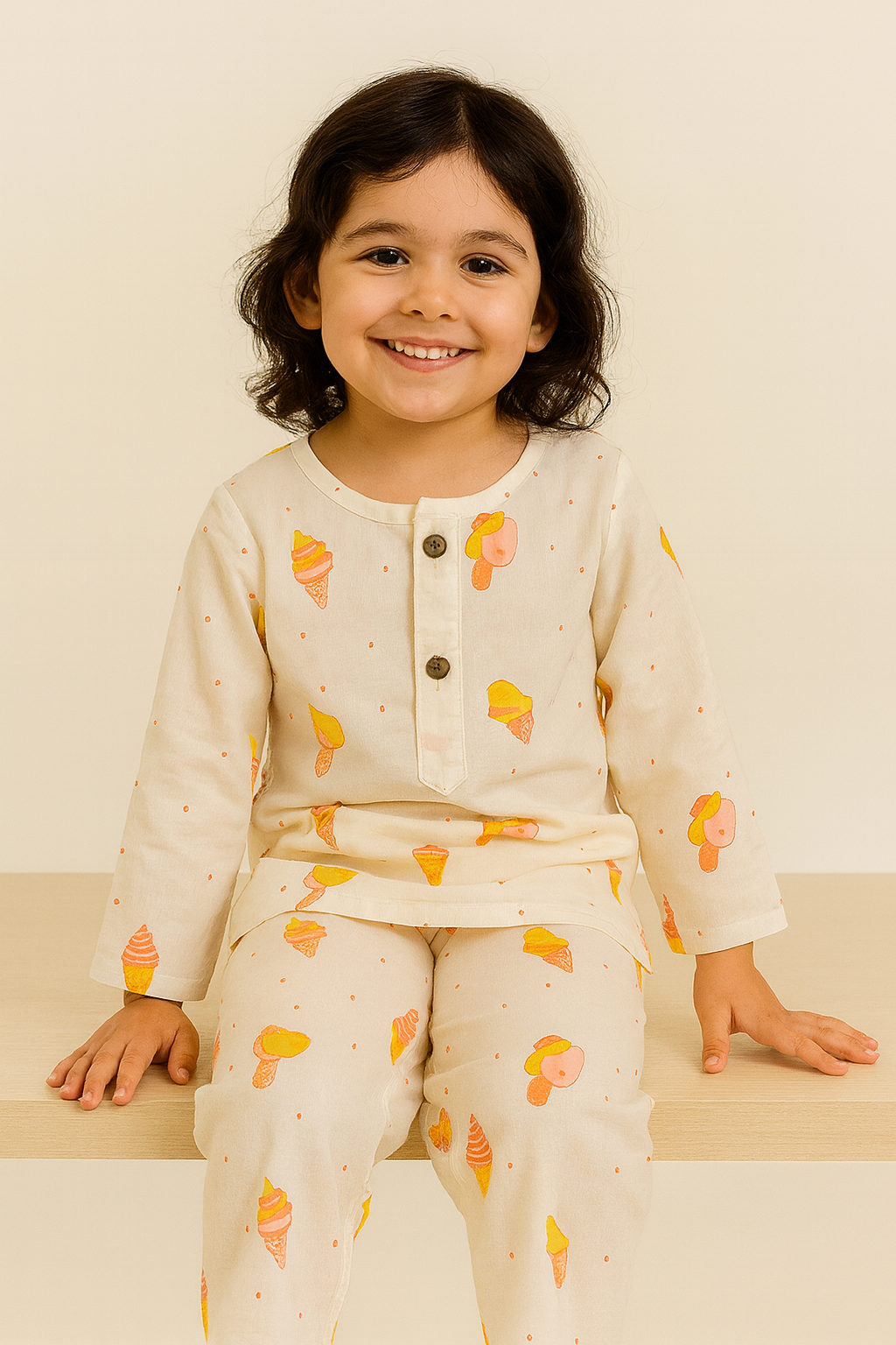 Child wearing a cream-colored pajama set with orange patterns on a light background