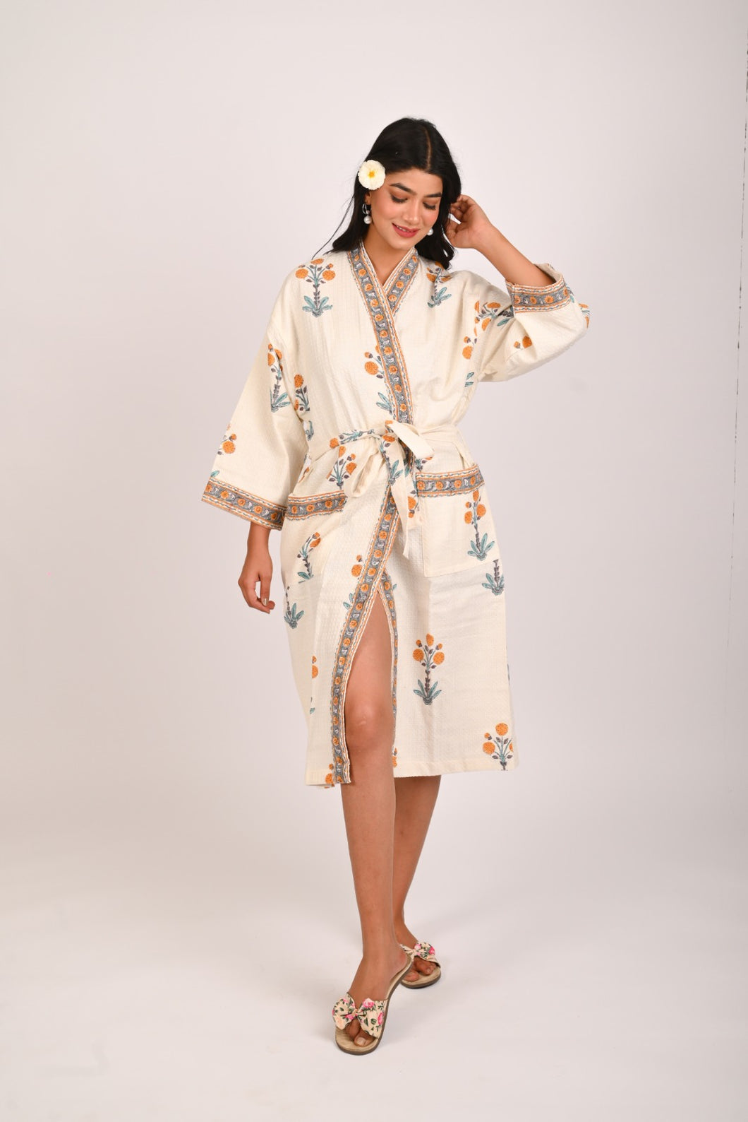 Marigold Mist Hand Block Print Pure Cotton Bathrobe