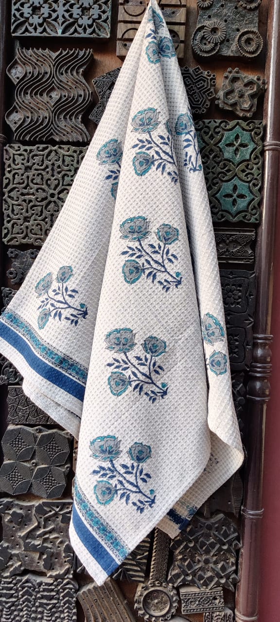 Hand Block Print Blue Blossom Waffle Towel
