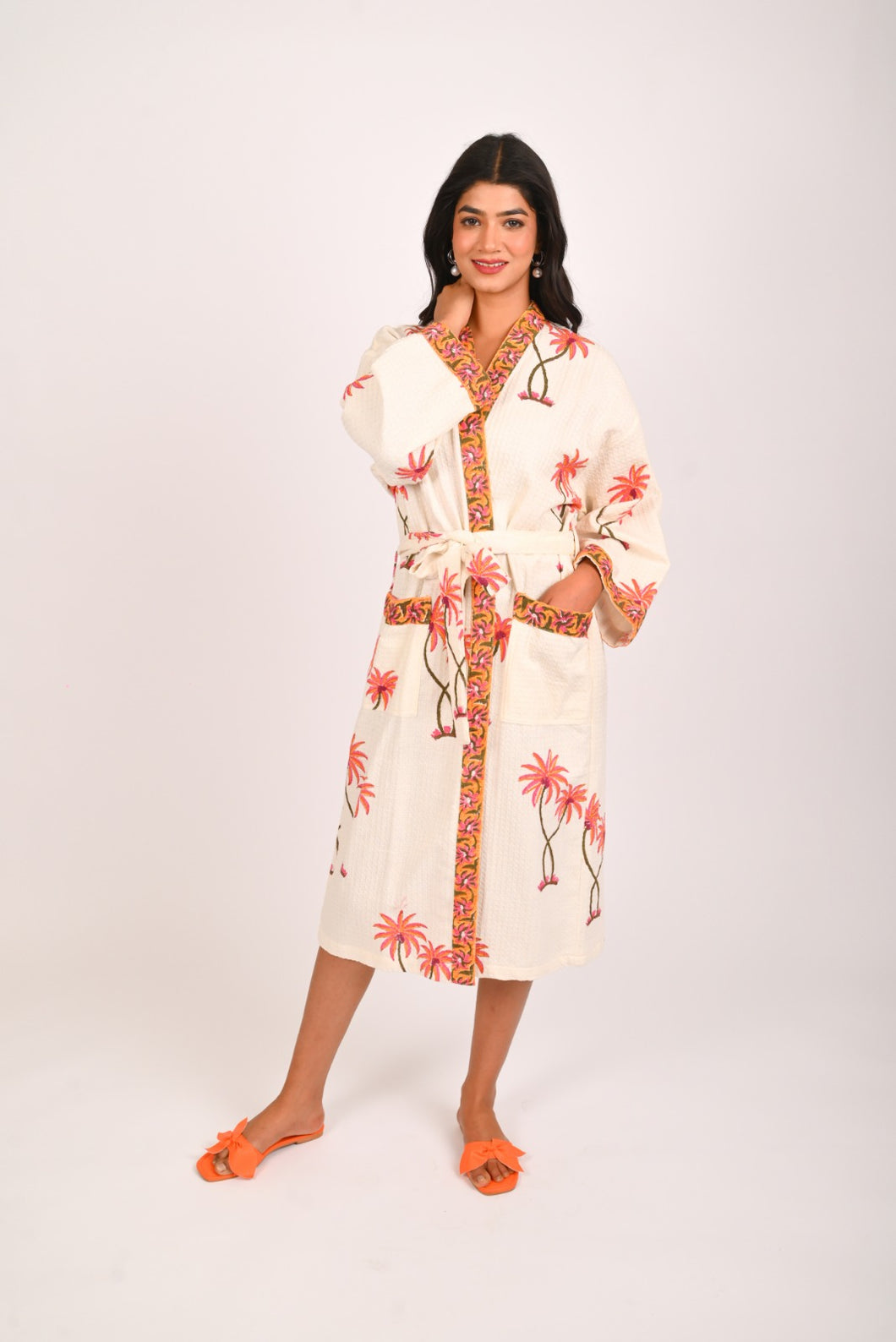 Palm Fiesta Hand Block Print Pure Cotton Bathrobe