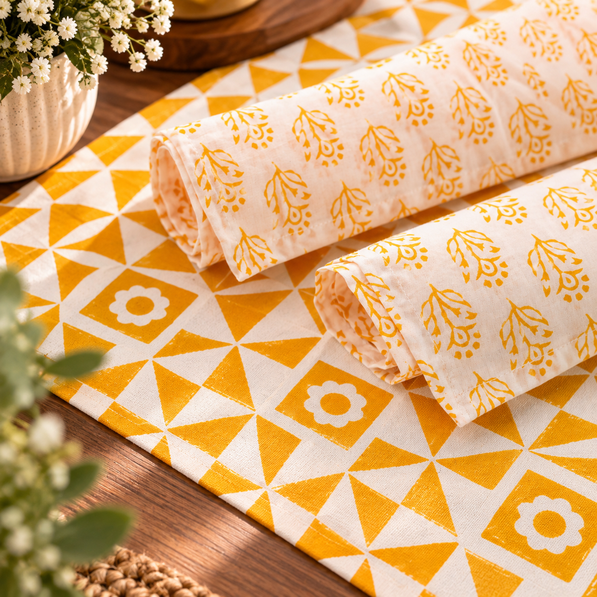 Two rolled fabric napkins with a yellow and white geometric pattern are displayed on a matching flat fabric runner on a wooden table, styled with a vase of white flowers.