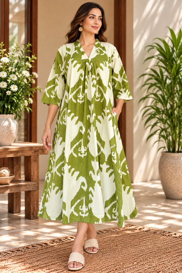 Aaranya Olive Green & Ivory Printed Dress