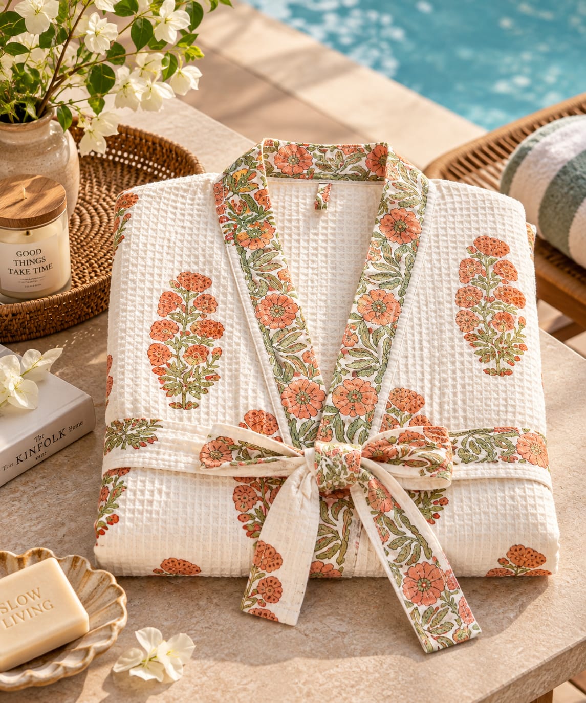 A folded waffle-weave bathrobe with a coral floral print and green leafy stems, tied with a matching tie belt, displayed on a stone patio next to a pool with a wicker tray, flowers, and a bar of soap.