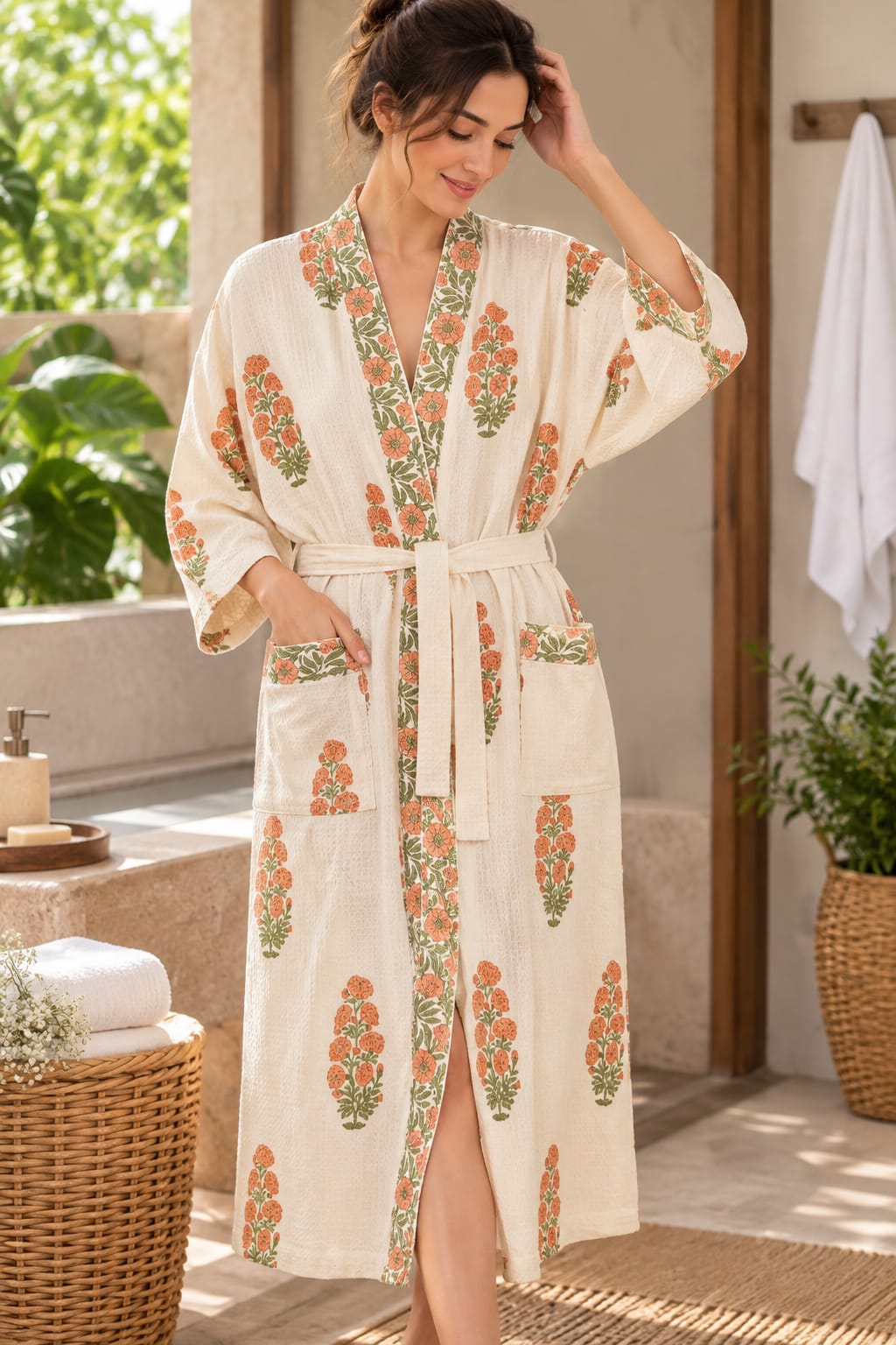 A woman wearing a cream-colored cotton robe with orange floral prints and green leafy borders, standing in a spa-like bathroom setting.