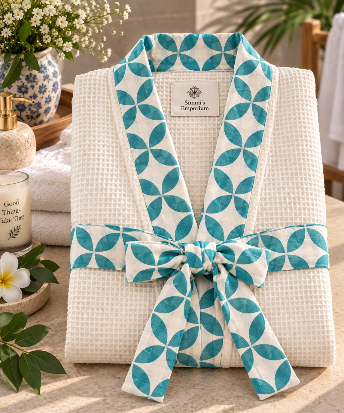 A folded waffle-weave bathrobe with a teal and white geometric leaf pattern on the collar, cuffs, and tie belt, displayed on a stone surface with spa-themed props.