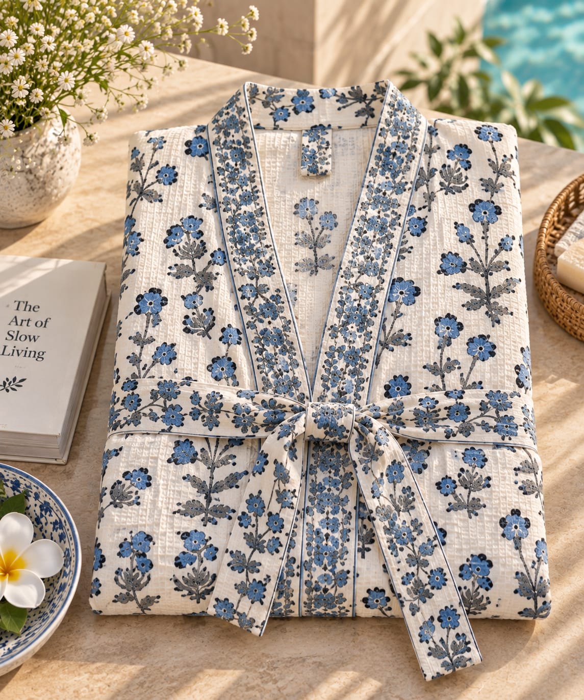 A folded cotton robe with a blue and gray floral print on a cream background, styled on a stone surface with a book, flowers, and a bowl nearby.
