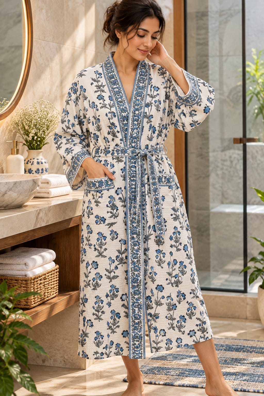 A woman wearing a long cream-colored cotton robe with blue floral prints and a blue border trim, standing in a bright bathroom setting.