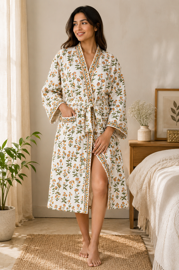 Bloom Lounge - Hand Block Print Waffle Weave Bathrobe