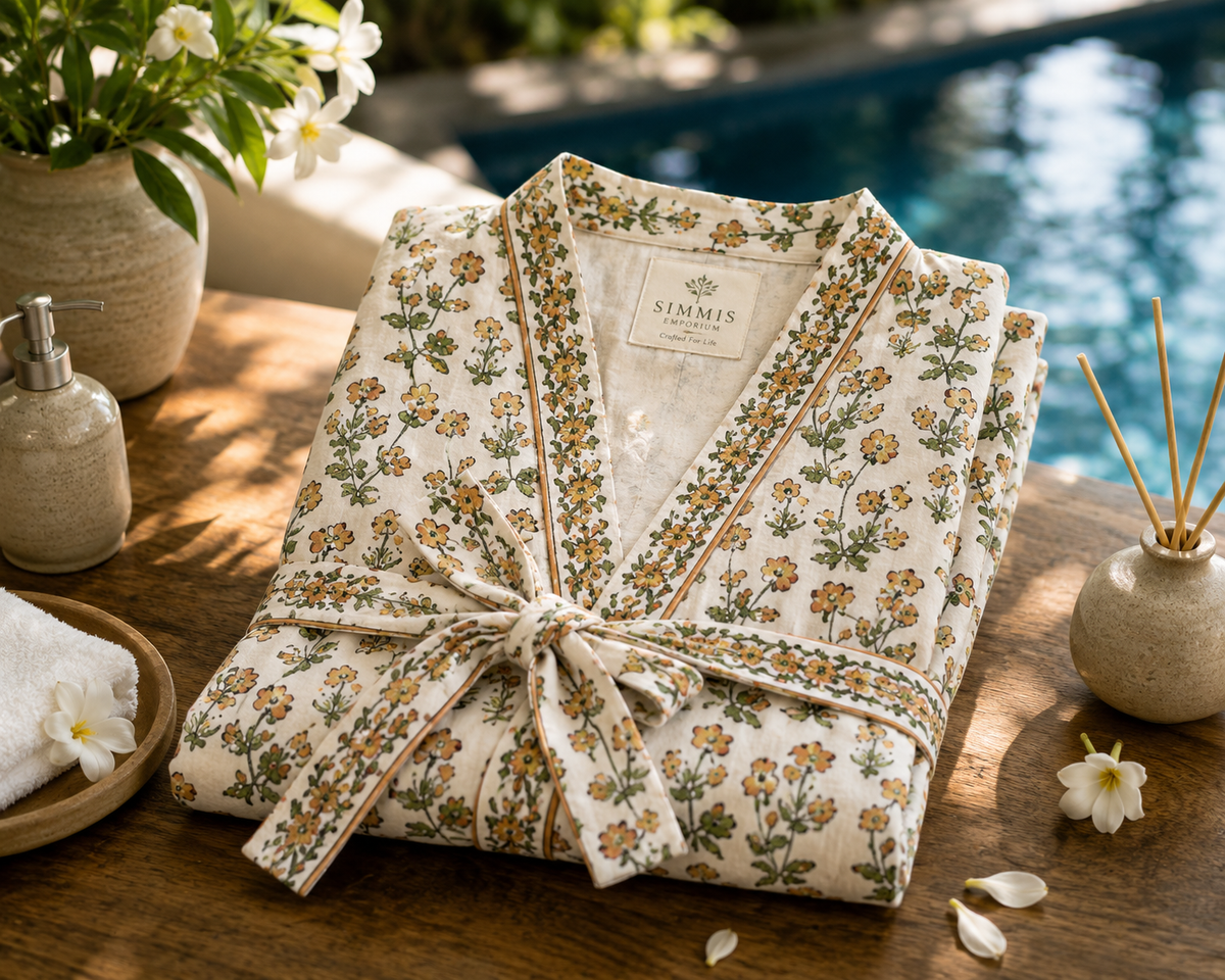 Bloom Lounge - Hand Block Print Waffle Weave Bathrobe
