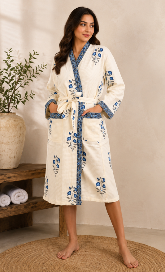 Woman wearing a white embroidered robe with blue floral patterns in a home setting.