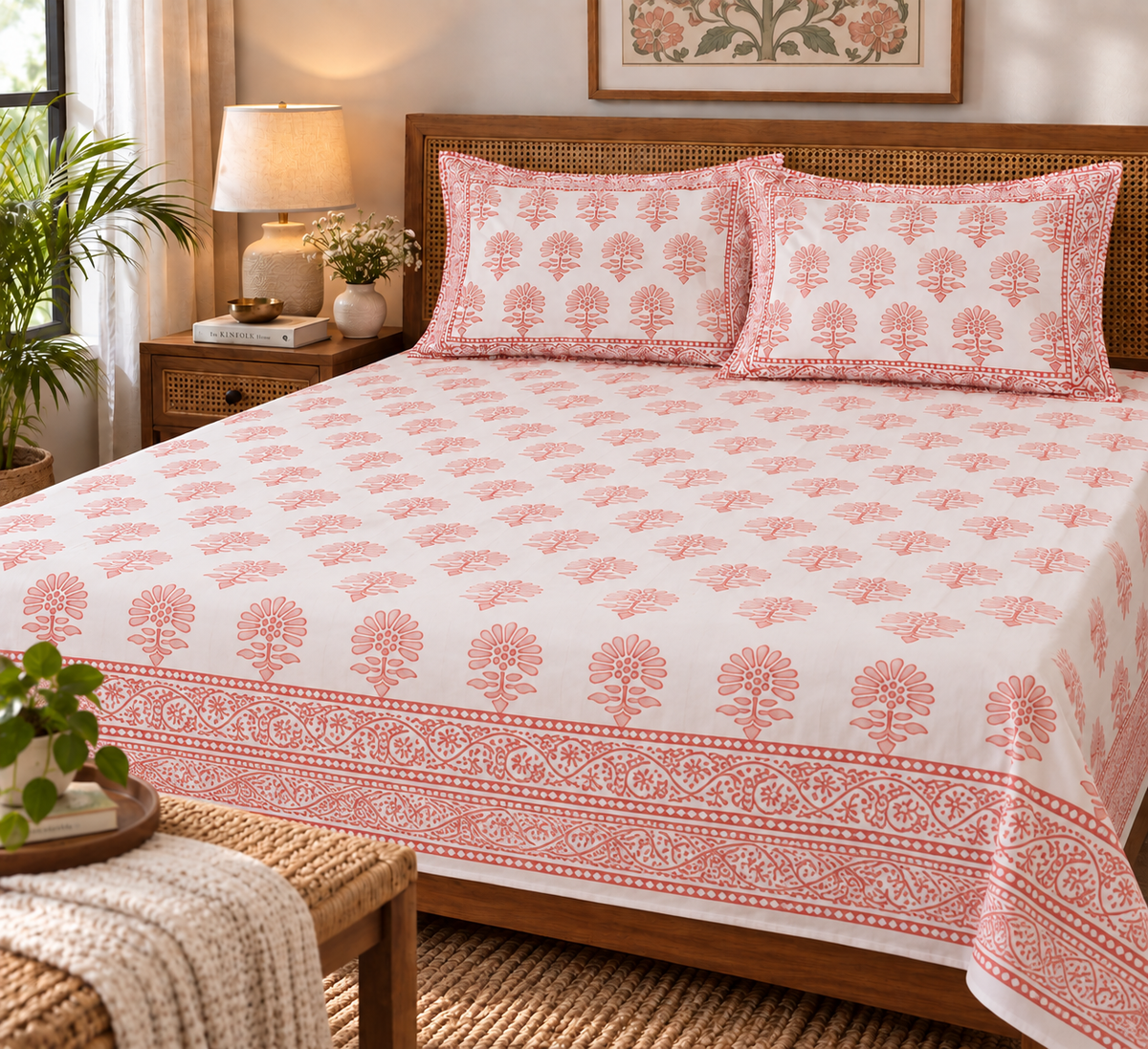 Blush Botanica- Pure Cotton Hand Block Print Bedsheet