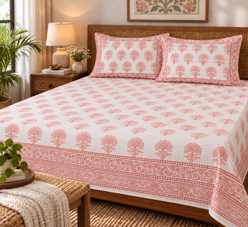 Blush Botanica- Pure Cotton Hand Block Print Bedsheet