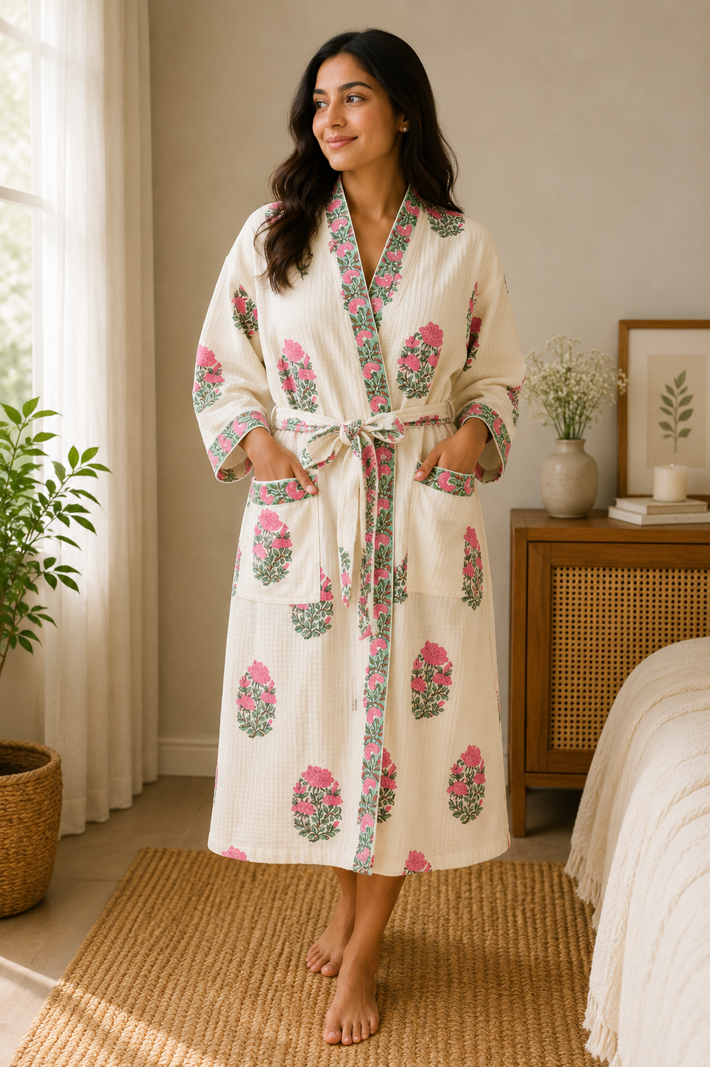 Blush Garden - Hand Block Print Pure Cotton Waffle Weave Bathrobe