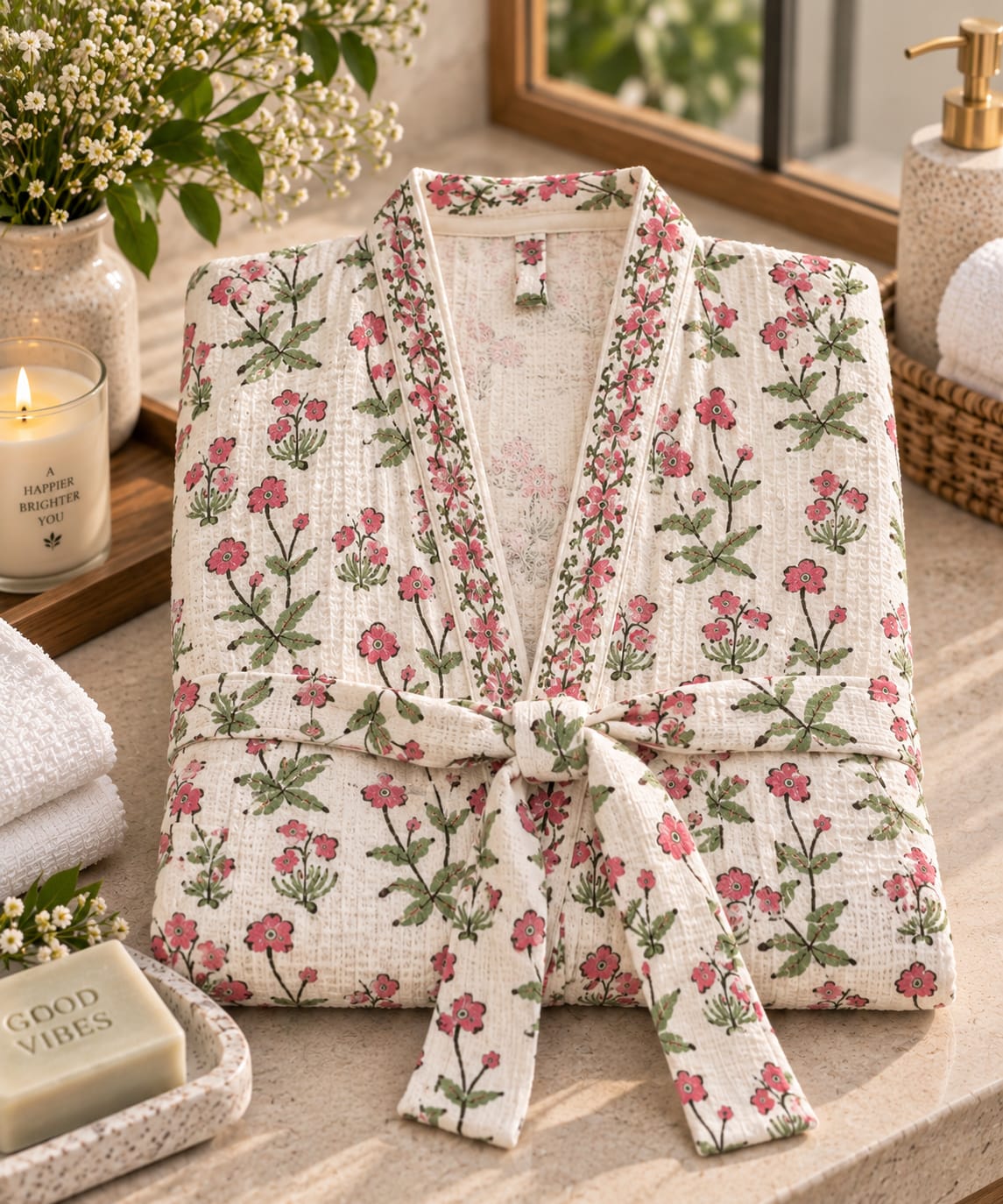 A folded cream-colored cotton robe with a pink and green floral print, tied at the waist, displayed on a bathroom counter next to a lit candle, soap, and towels.
