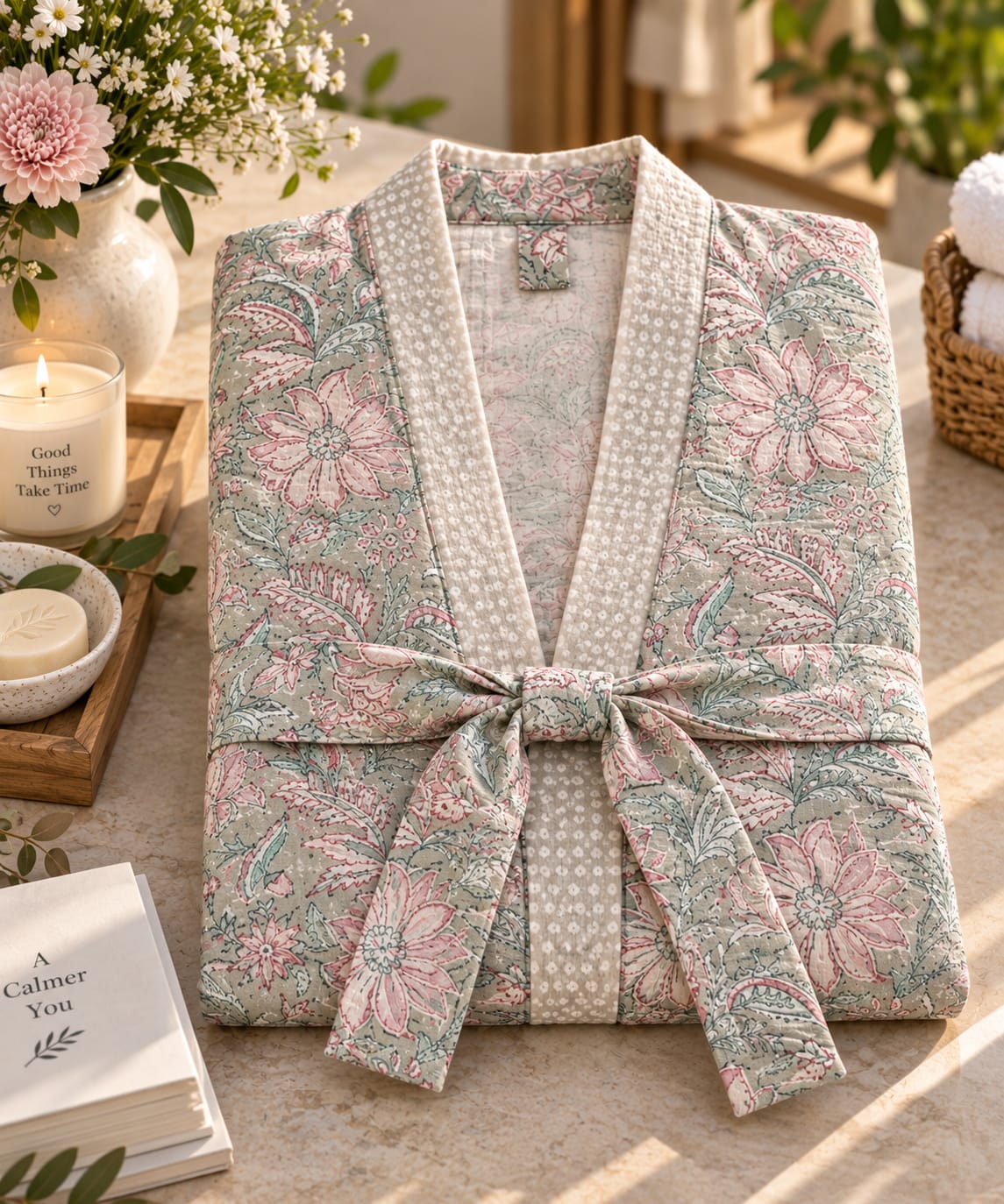 A folded patterned robe or kimono-style wrap with a tie belt, styled on a tabletop with flowers, a candle, a book, and a basket in a warm indoor setting.