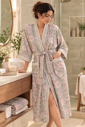 A woman wearing a long patterned robe stands in a bathroom next to a vanity. The robe has a light beige base with a pink and sage green floral print, a tie belt, and front pockets.