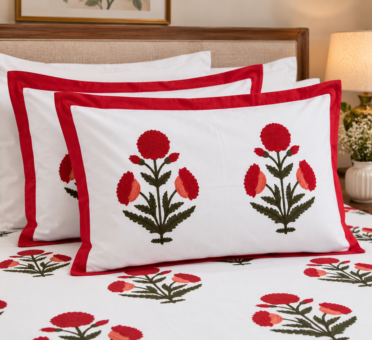 White bedding set with red border and red, orange, and green floral embroidery, styled on a bed with a wooden headboard and bedside lamp.
