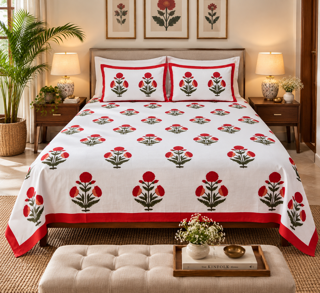 A neatly made bed in a warm, symmetrically styled bedroom, featuring a white bedspread and two matching pillowcases with a red and green floral block print pattern.
