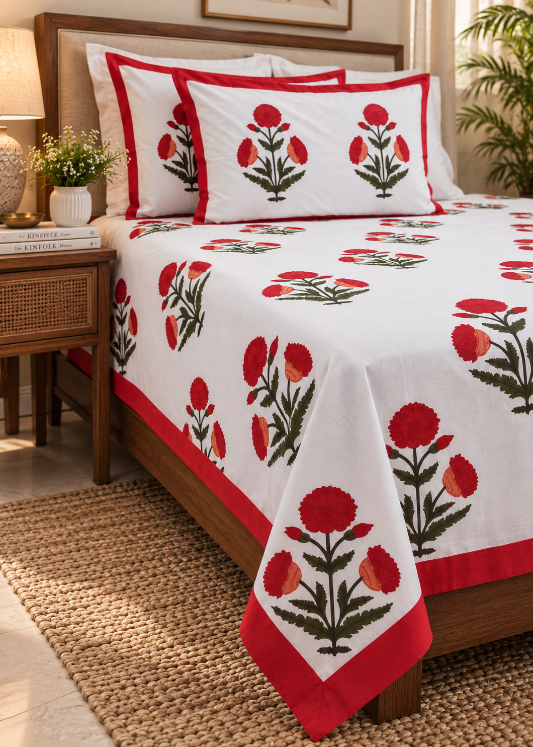 A neatly made bed in a warm, symmetrically styled bedroom, featuring a white bedspread and two matching pillowcases with a red and green floral block print pattern.