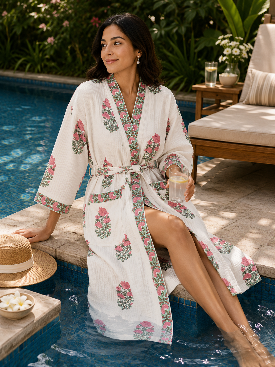 Blush Garden - Hand Block Print Pure Cotton Waffle Weave Bathrobe