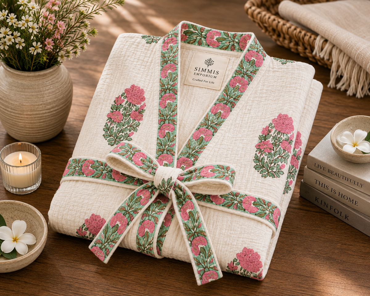 Blush Garden - Hand Block Print Pure Cotton Waffle Weave Bathrobe