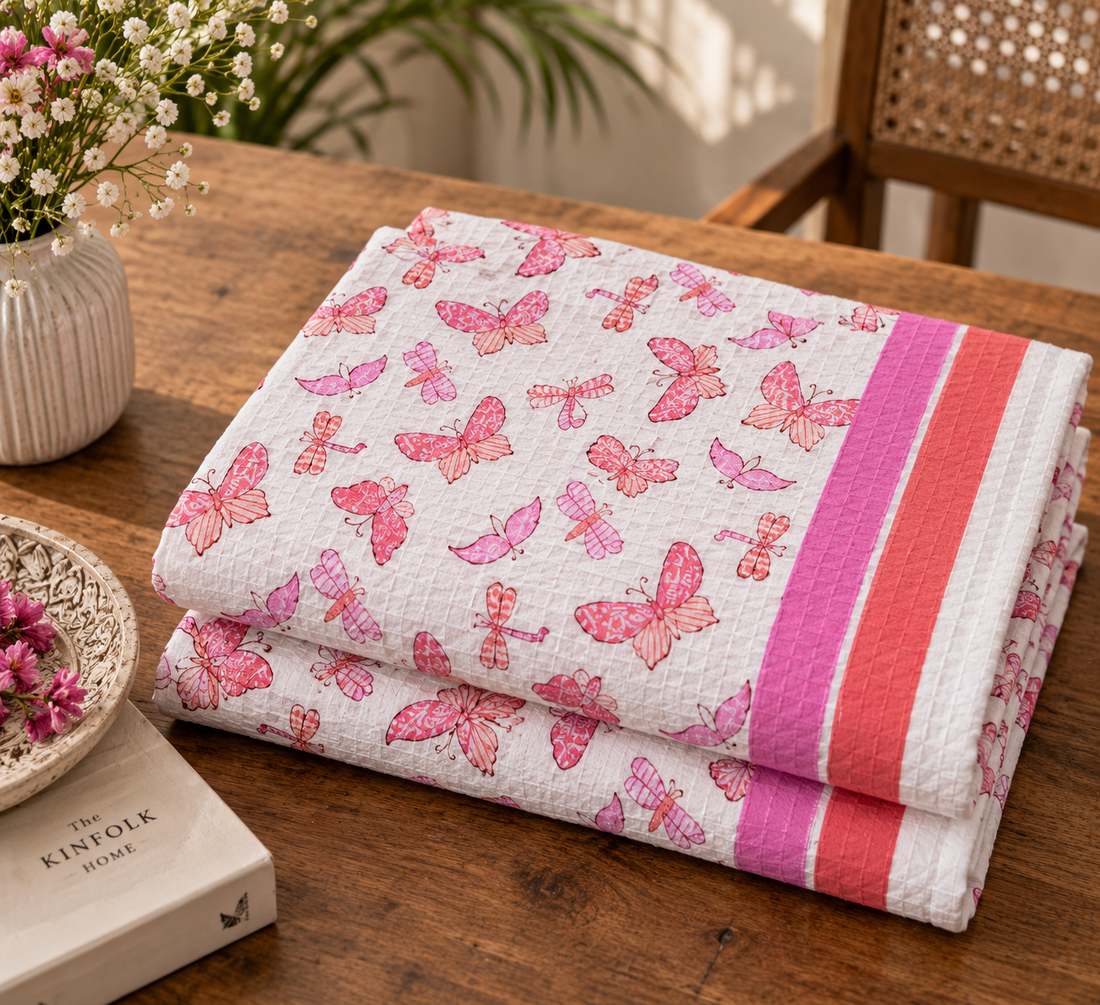 Butterfly Breeze - Hand Block Print Pure Cotton Waffle Weave Bath Towel