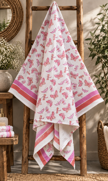 Butterfly Breeze - Hand Block Print Pure Cotton Waffle Weave Bath Towel
