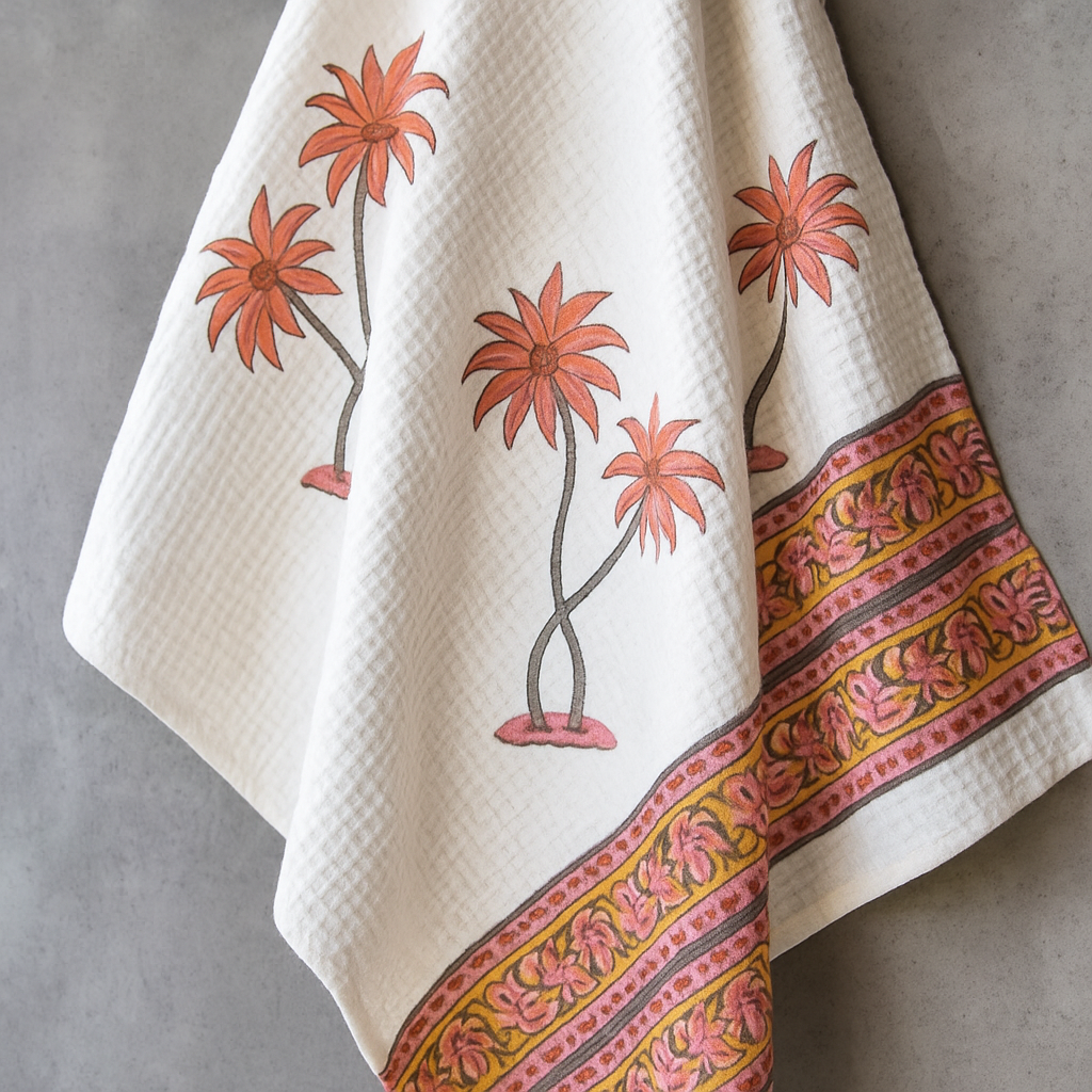 Sunset Bloom Hand Block Print Pure Cotton Towel