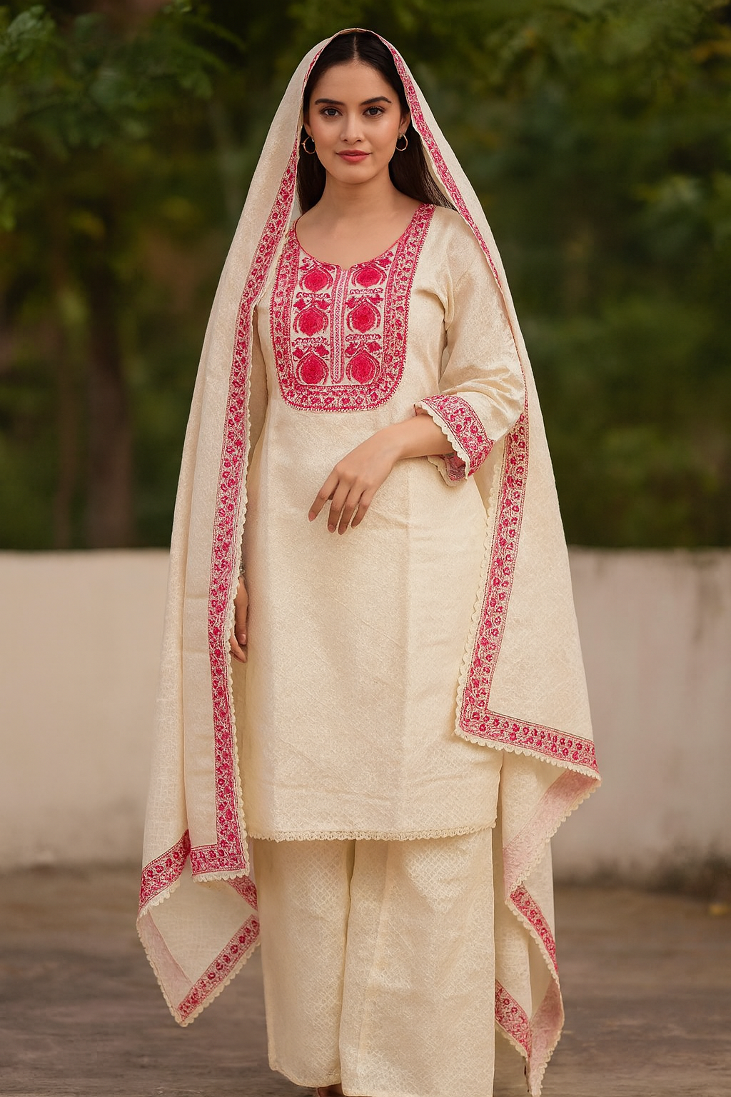 Sale now LIVE! Simmi’s Emporium Noor-e-Kashida Embroidered Sharara Set – Off-White Cotton Blend with Pink Kashida Work