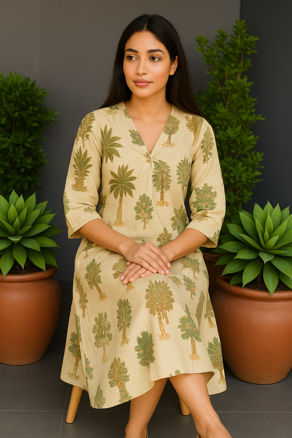 Prakriti Tropical Pure Cotton Dress – Handcrafted Breezy Summer Dress in Earthy Tones
