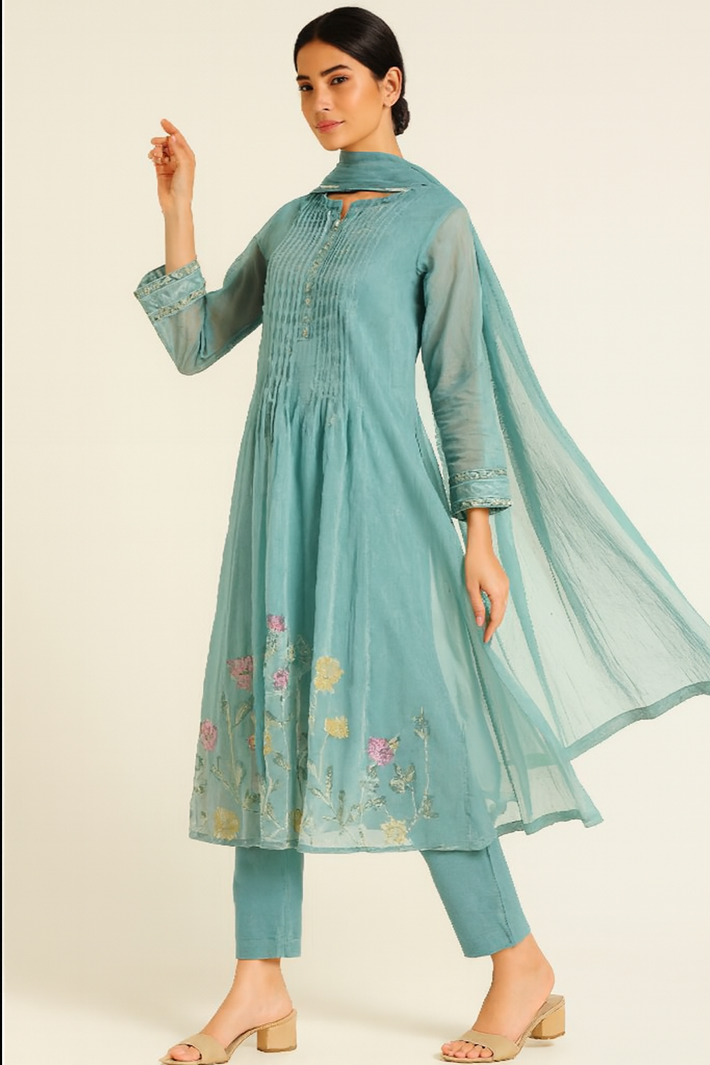 Sale now LIVE! Simmi’s Emporium Neel Pushpa Suit Set – Teal Organza Kurta with Floral Embroidery & Matching Dupatta