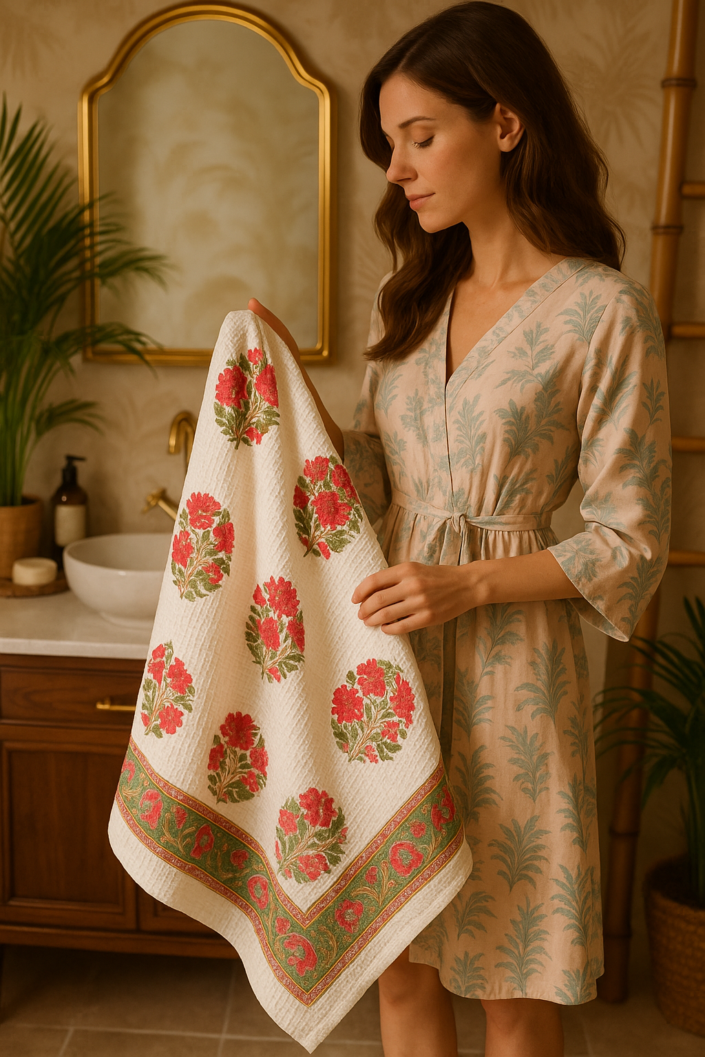 Mughal Garden Bloom Hand Block Print Pure Cotton Towel