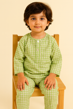 Load image into Gallery viewer, Sale now LIVE! Simi’s Emporium Green Meadow Dreams Kids Sleepwear Set – Hand Block Printed Cotton Night Suit
