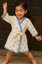 Load image into Gallery viewer, Sale now LIVE! Simmi’s Emporium Jungle Cuddles Kids Bathrobe – Hand Block Printed Cotton Waffle Weave with Animal Motifs
